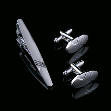 Popular Men's Classic Silver Cufflinks and Tie Bar Set for French Cuff Dress Shirts